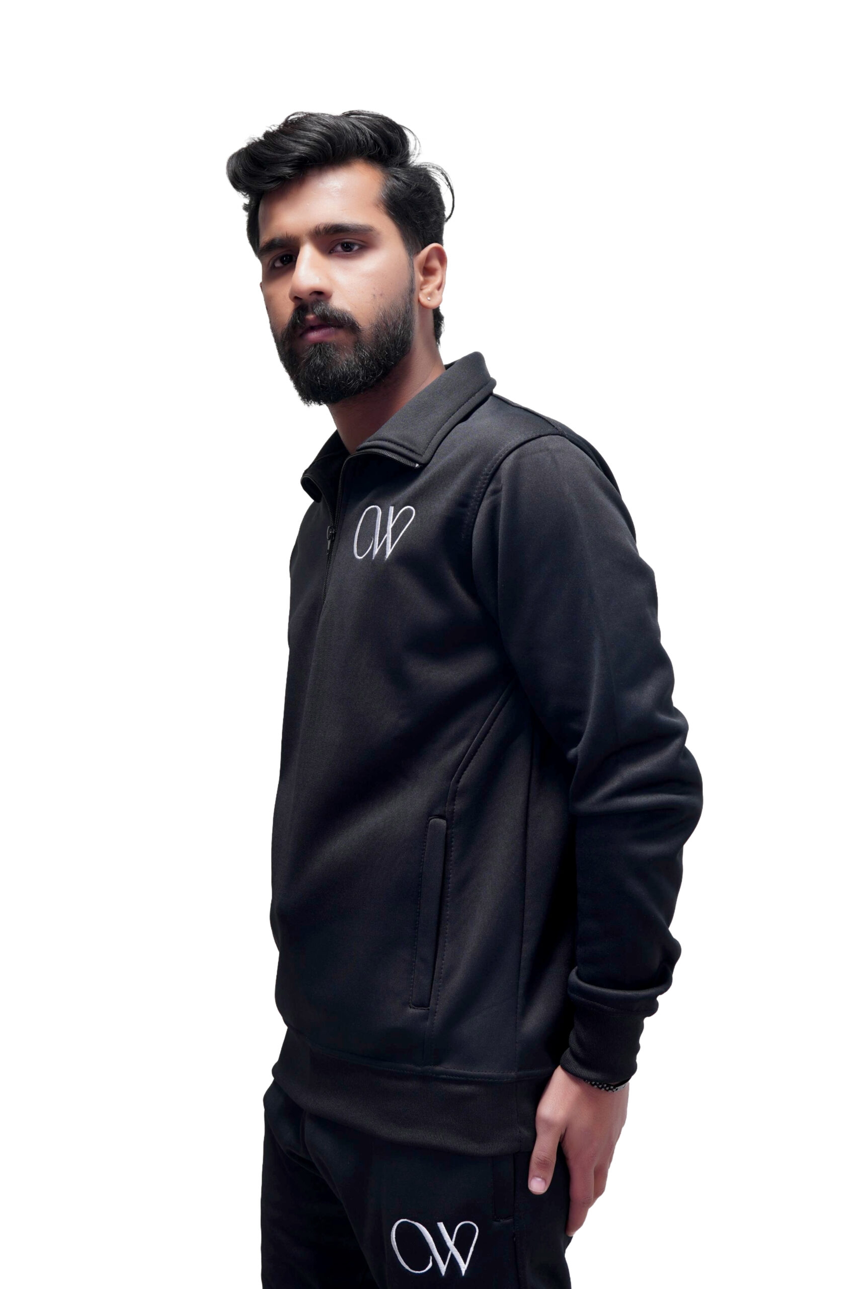 Sleek All-Black Polyester Fleece Tracksuit (Quarter-Zip)
